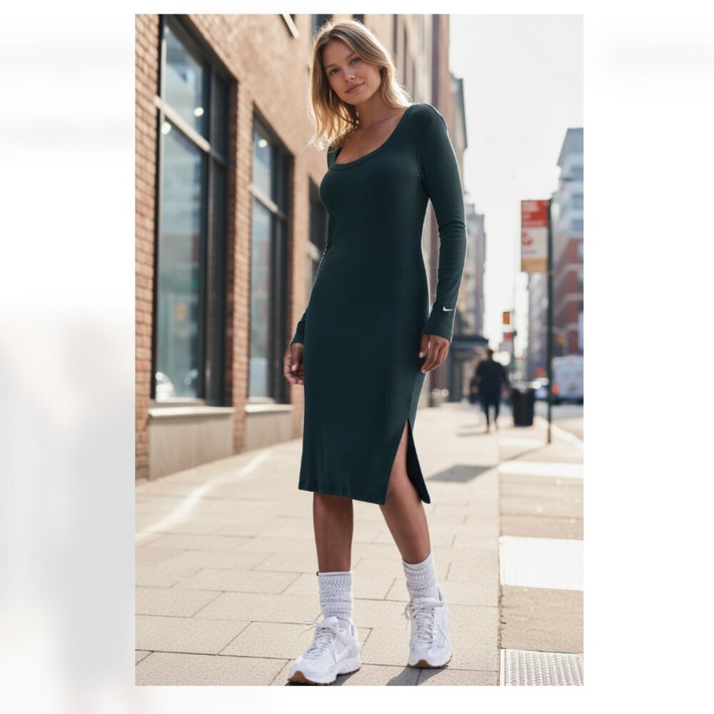 NWT Nike chill knit ribbed long-sleeve midi dress Green Large Stretch